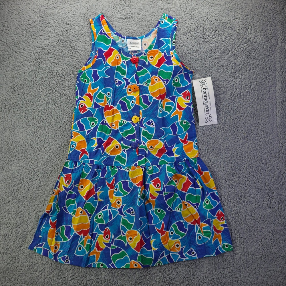 Vintage Bonnie Jean Girls Size 14 Fish Print Dress Cotton Drop Waist NWT USA